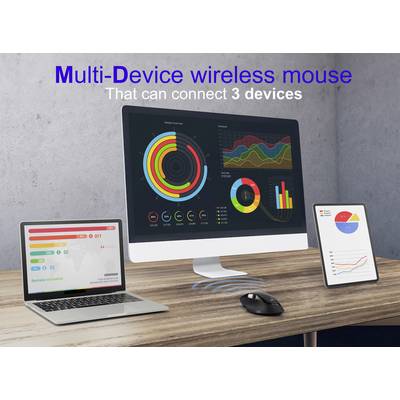 Kabellose Multi-Geräte-Maus, die eine Verbindung zu 3 Geräten herstellen kann, dargestellt über einem Monitor, Laptop und Tablet mit Diagrammen, auf einem Holzschreibtisch.