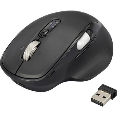 Eine schwarze kabellose Computermaus mit ergonomischem Design, ausgestattet mit anpassbaren Tasten und einem seitlichen Scrollrad. Inklusive USB-Empfänger.