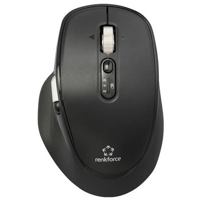 Eine schwarze ergonomische kabellose Maus mit Scrollrad und seitlichen Tasten, der Marke 'renkforce', die für komfortables, längeres Arbeiten entwickelt wurde.