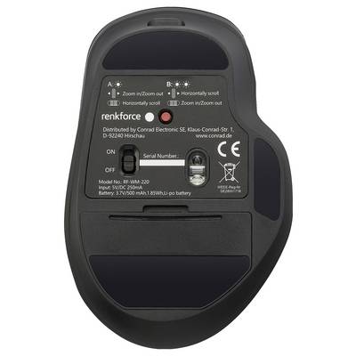 Die Unterseite einer schwarzen drahtlosen Maus. Sichtbare Tasten und Schalter für Ein/Aus und DPI-Einstellungen, mit Batteriefach und Seriennummer.