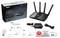 WLAN 6 Router-Set: schwarzer Router mit vier Antennen, Netzteil, Ethernet-Kabel, Garantiekarte, Schnellstartanleitung und Supportinformationen.