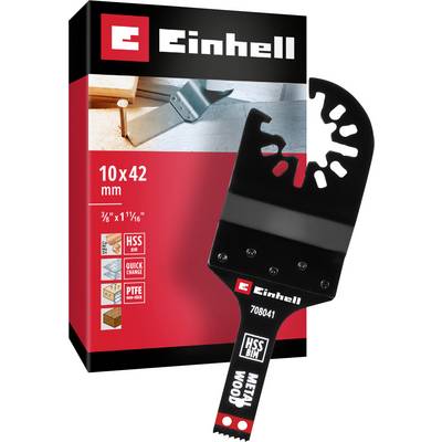 Ein Sägeblatt von Einhell für Holz und Metall, Größe 10x42 mm, verpackt in einer rot-schwarzen Schachtel mit Produktabbildung.
