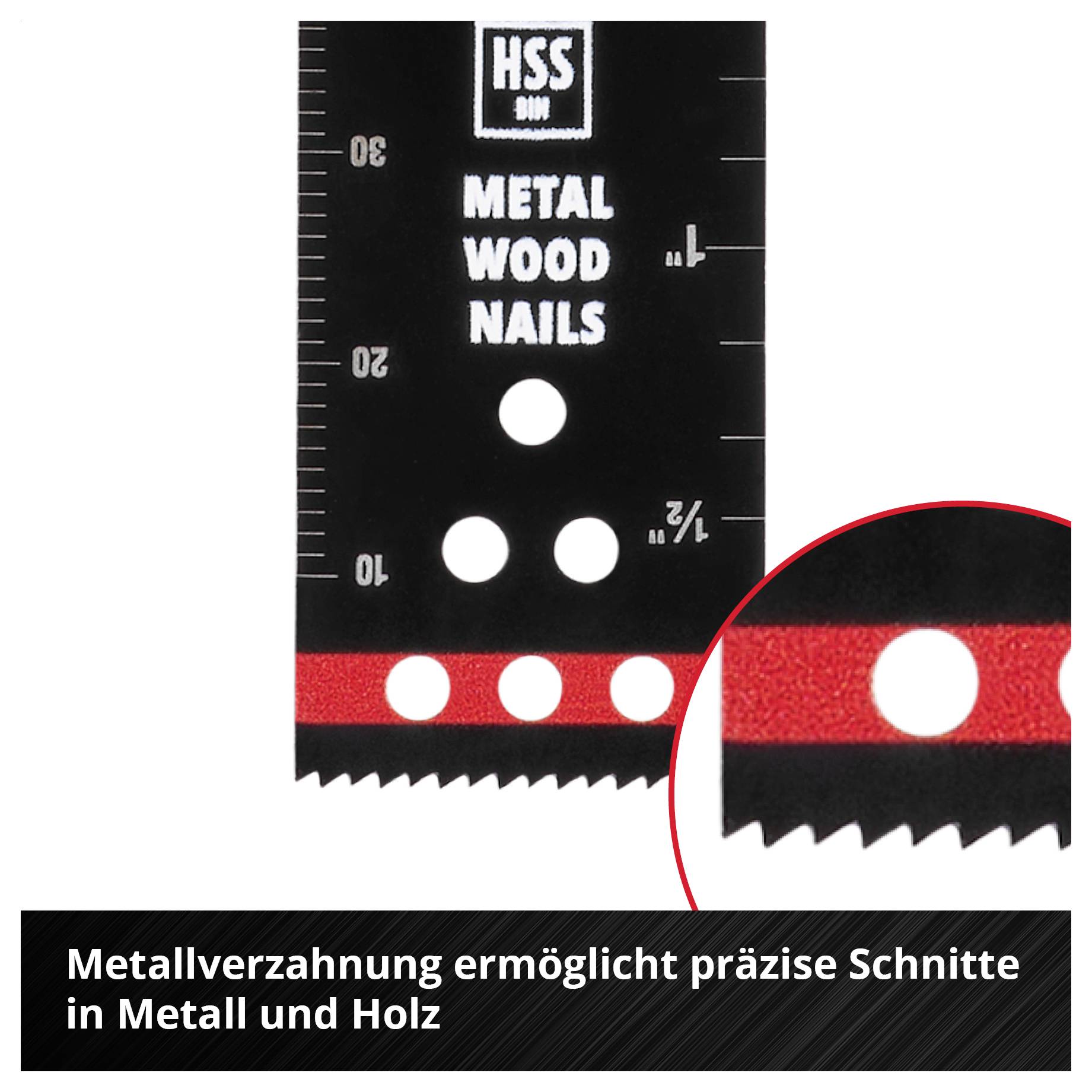 'Sägeblatt für Metall, Holz, Nägel mit Metallverzahnung; geeignet für präzise Schnitte. Nahaufnahme des verzahnten Teils.'