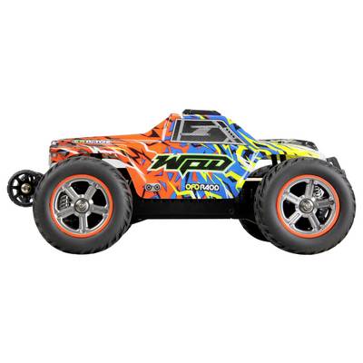 Ferngesteuertes Auto in lebhaften Farben, seitliches Profil sichtbar. Große Reifen, sportliches Design mit Schriftzug 'OFFROAD'.