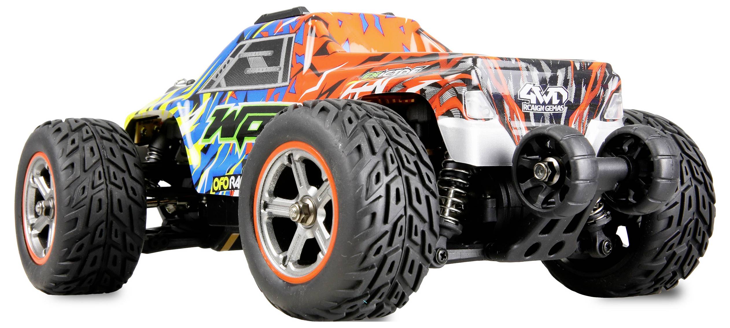 Ein ferngesteuertes Auto mit buntem Muster, großen Reifen und Schriftzug '4WD'. Es steht auf einer ebenen Fläche.