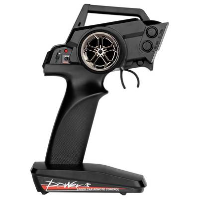 Ein schwarzer Fernsteuerungs-Controller mit Radsteuerung, abgebildet auf weißem Hintergrund. Text auf der Basis: 'Powerle Speed Car Remote Control'.