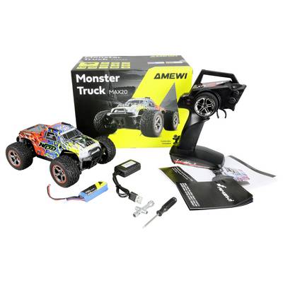 Ferngesteuertes Monster-Truck-Set bestehend aus einem bunt gestalteten Truck, Fernsteuerung, Zubehörteilen und Anleitung.