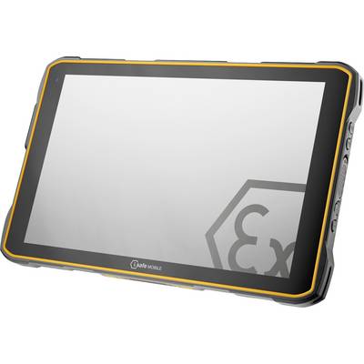 Ein robustes Tablet mit orangem Rand, geeignet für den Einsatz in explosionsgefährdeten Bereichen, erkennbar am 'Ex'-Symbol.