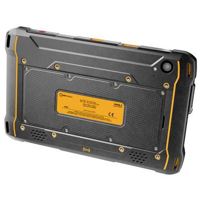 Robuster, schwarzer Tablet-PC mit orangen Akzenten, zeigt die Rückseite mit Kamera und technischen Angaben auf einem orangefarbenen Etikett.