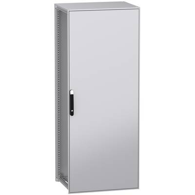 Ein silberner Metallschrank mit einer Tür und schwarzem Griff, geeignet für die Aufbewahrung von Werkzeugen oder technischen Geräten.