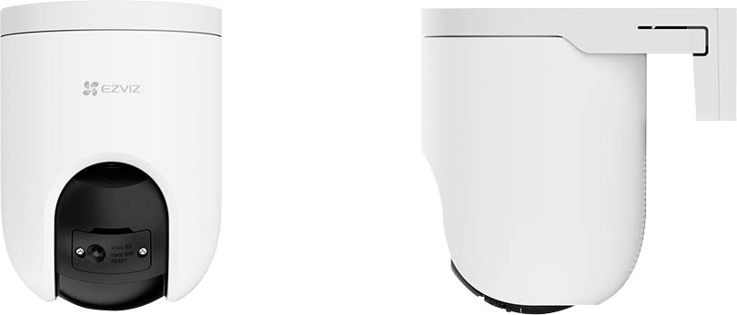 EZVIZ Sicherheitskamera in Weiß mit elegantem Design, von zwei Winkeln aus gezeigt - von vorne und von der Seite.