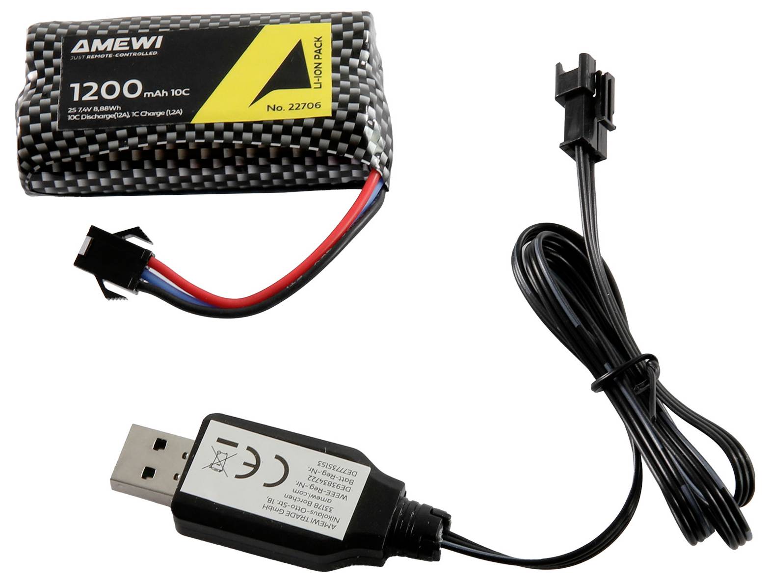 'Akkupack 1200 mAh mit USB-Ladekabel und Adapterstecker, geeignet für ferngesteuerte Fahrzeuge.'