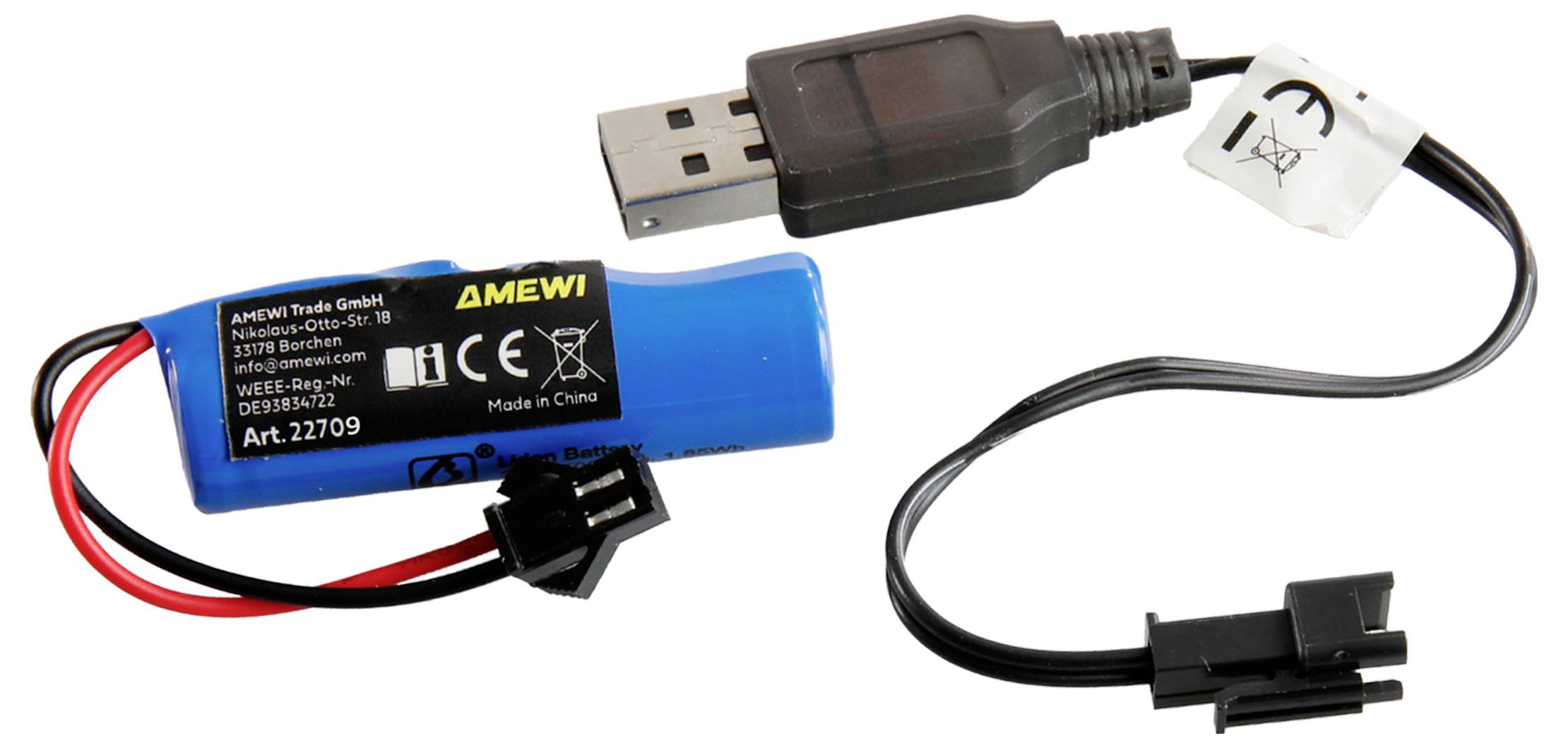 Ein blauer wiederaufladbarer Akku mit USB-Ladekabel. Der Akku hat ein Etikett mit Herstellerinformationen und Artikelnummer.