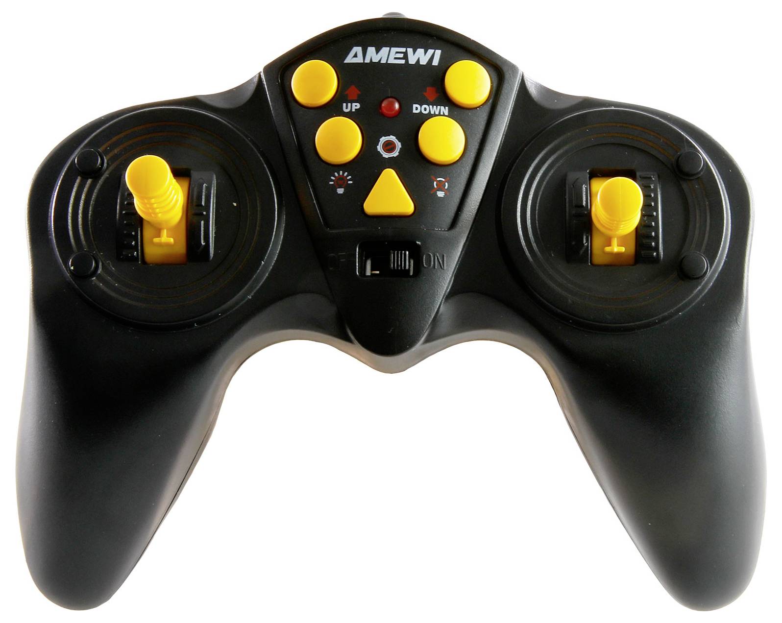 Schwarzer Fernbedienungs-Controller mit gelben Steuerknüppeln und Tasten für Spielzeug oder Drohne. Markenname oben sichtbar.