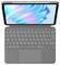 Ein graues Tablet mit abnehmbarer Tastatur. Der Bildschirm zeigt ein abstraktes blau-rosa Muster. Die Tastatur hat ein Touchpad.