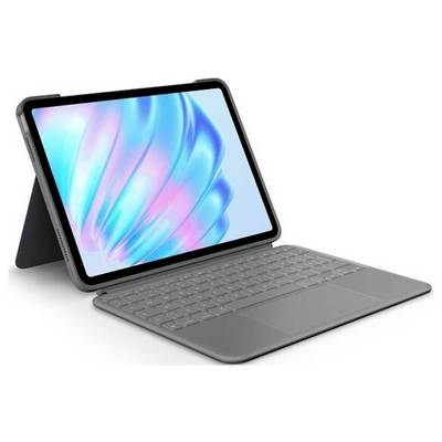 Tablet mit angeschlossener Tastatur, aufgestellt in einem Winkel. Auf dem Display sind blaue und rosa abstrakte Muster zu sehen.
