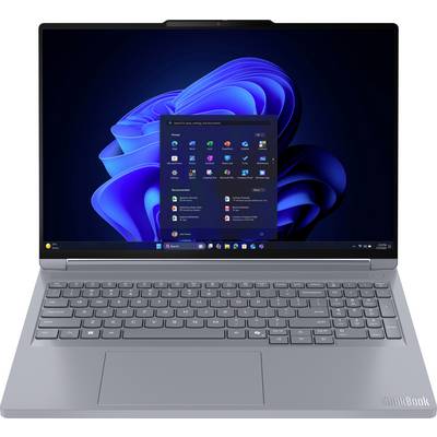 Ein silberner Laptop zeigt ein modernes Betriebssystem mit einem geöffneten Anwendungsmenü, das verschiedene App-Symbole enthält. Der Hintergrund besteht aus abstrakten blauen Formen.