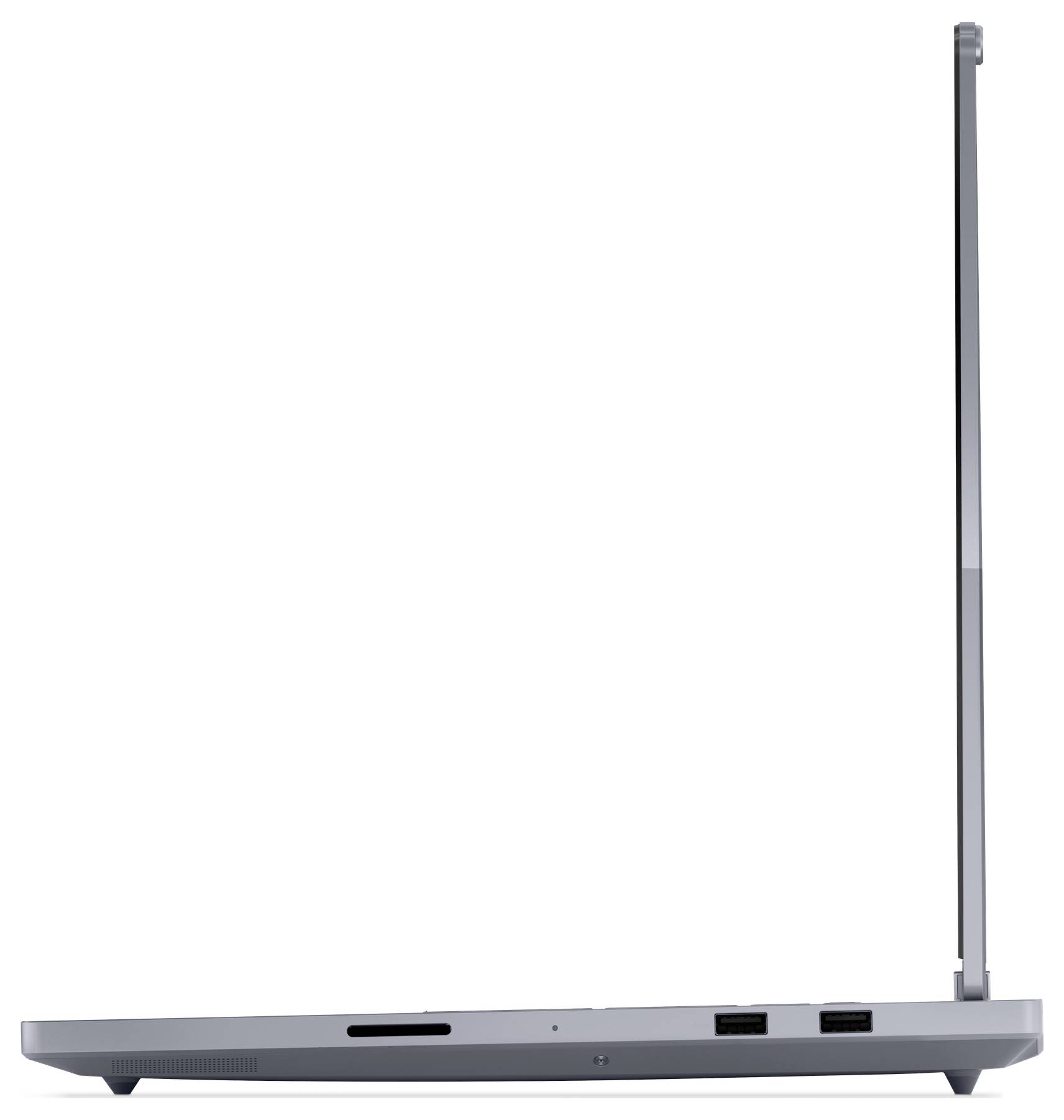 Ein geschlossener Laptop, von der Seite betrachtet, der USB- und SD-Kartenanschlüsse an seiner Kante zeigt.