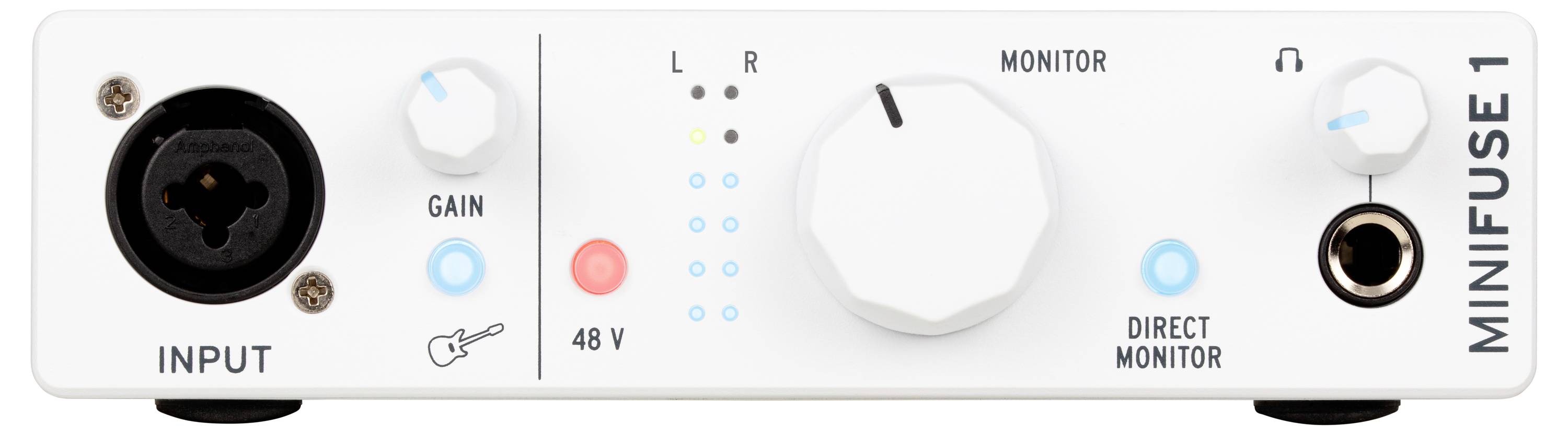 Weißes Audio-Interface 'MINIFUSE 1' mit Anschlüssen für Instrumente, Kopfhörer, und Monitor sowie Reglern für Gain und Direktüberwachung.
