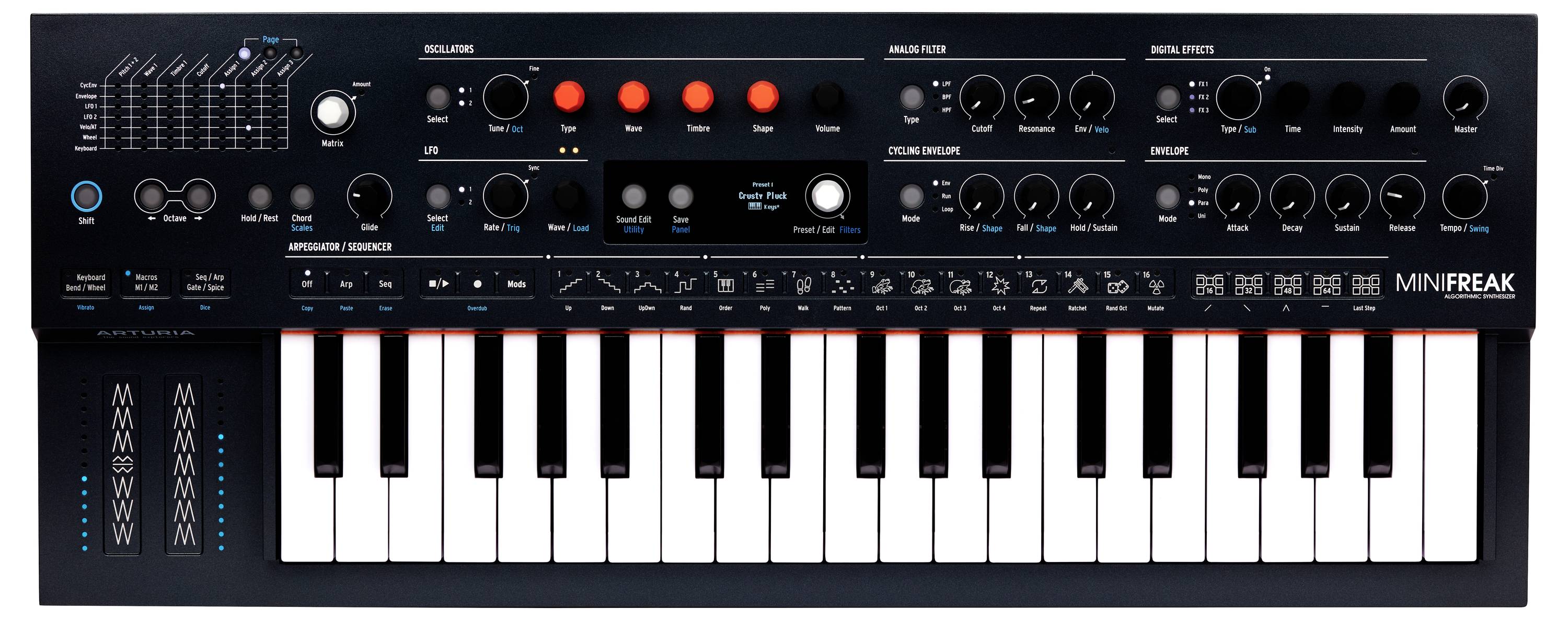 Elektronisches Keyboard mit mehreren Reglern und Tasten zur Klangmanipulation. Anzeigen für Filter, Oszillatoren und Effekte.