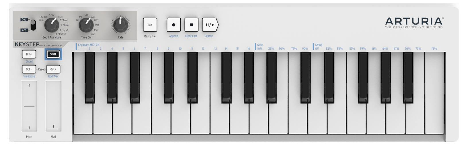 MIDI-Controller mit Tastatur, Drehreglern und Transporttasten. Modell: Arturia Keystep, weiße Tasten, graues Gehäuse.