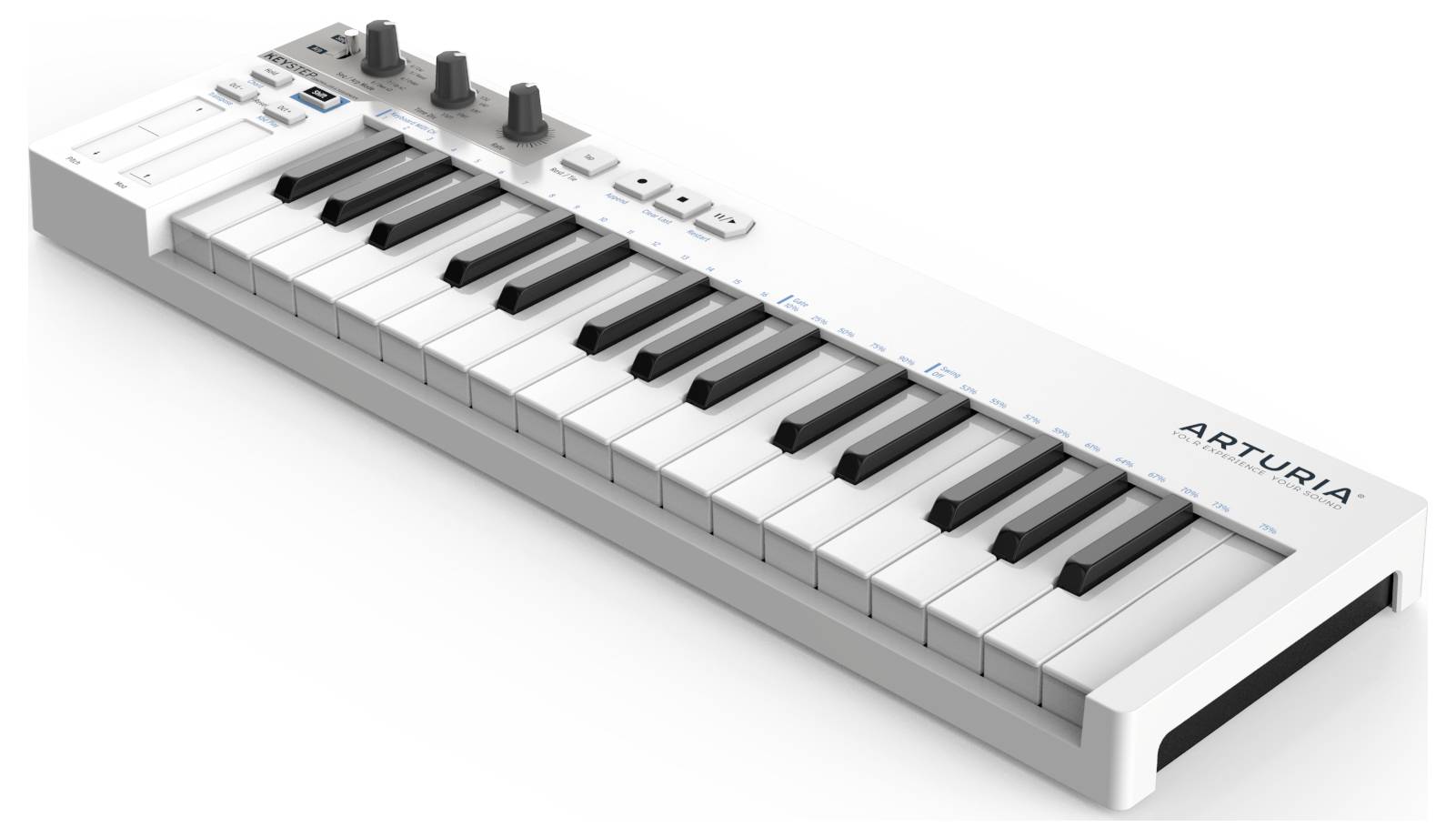 Ein weißes MIDI-Keyboard mit 25 Tasten, mehreren Reglern und Knöpfen, geeignet für die Musikproduktion.