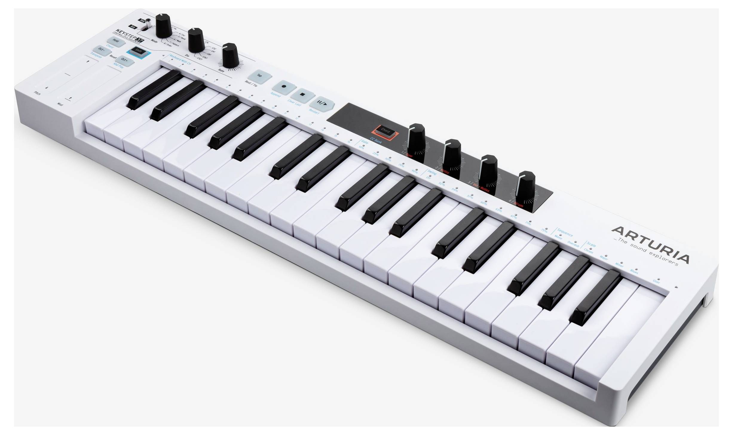 Ein MIDI-Keyboard mit 25 Tasten, Bedienelementen und Reglern. Es ist kompakt und in weißer Farbe gestaltet.