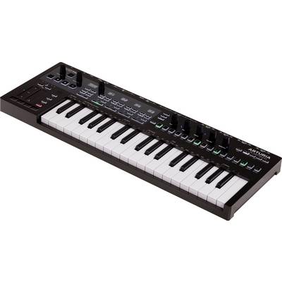 Ein schwarzes MIDI-Keyboard mit 25 Tasten, mehreren Drehknöpfen und Reglern, dient zur Musikproduktion und Soundkontrolle.