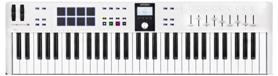 MIDI-Controller-Keyboard mit 49 Tasten, mehreren Steuerknöpfen und Schiebereglern. Bildschirm in der Mitte zeigt 'Init'.