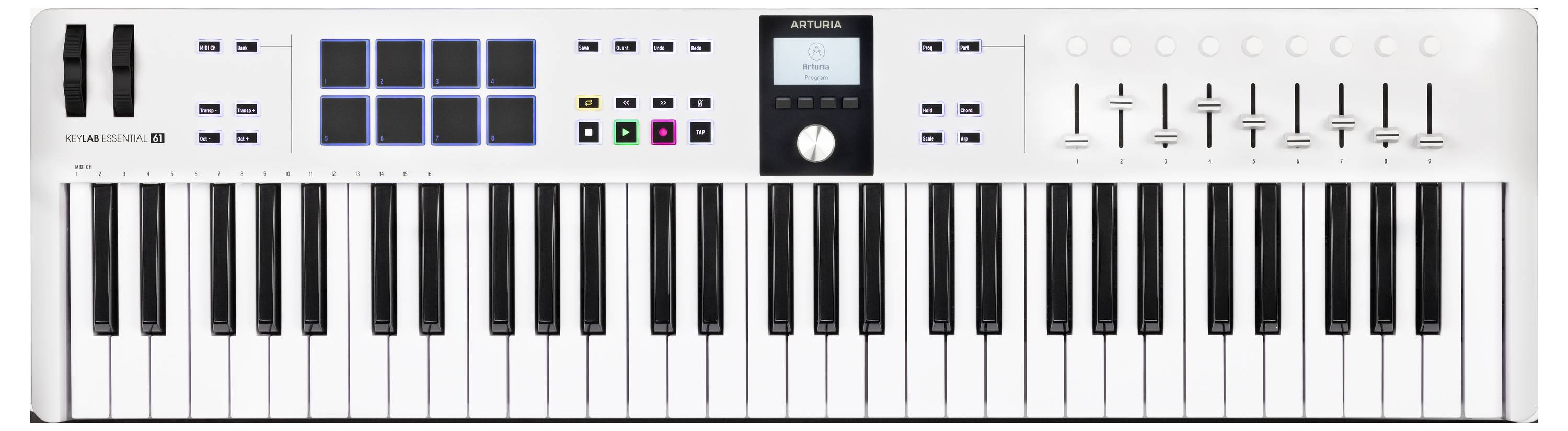 Ein weißes MIDI-Controller-Keyboard mit 61 Tasten, mehreren Fadern, Knöpfen und einem kleinen Display in der Mitte.