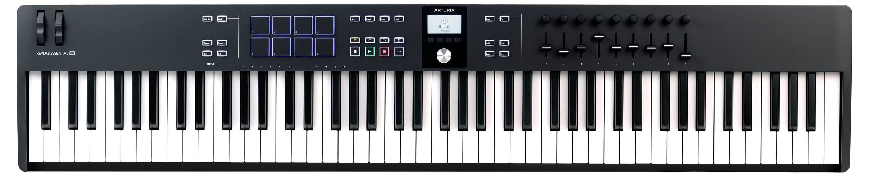 Schwarzes MIDI-Keyboard mit 61 Tasten, Bedienelementen oben links und einem kleinen Display in der Mitte.