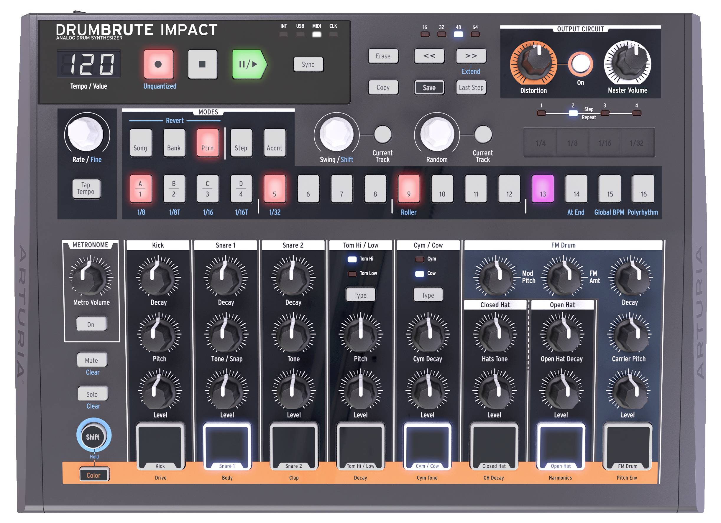 Drumcomputer mit mehreren Reglern und Tasten zur Steuerung von Rhythmus, Klang und Lautstärke. LCD-Anzeige zeigt '120'.