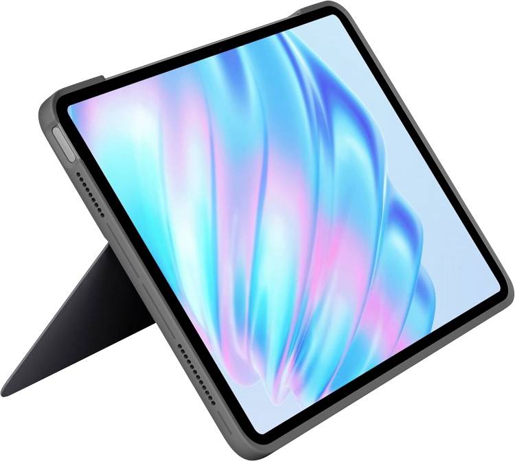 Ein Tablet mit blauer und rosa leuchtender Bildschirmoberfläche, auf einem schwarzen Ständer geneigt.