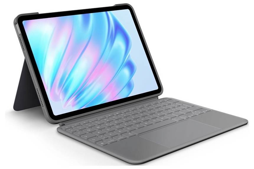 Tablet mit angedockter Tastatur auf einem Ständer. Der Bildschirm zeigt ein abstraktes, blau-pinkes Muster.