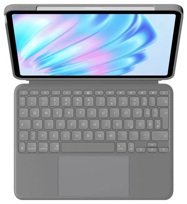 Ein Tablet mit abnehmbarer Tastatur, das von oben zu sehen ist. Der Bildschirm zeigt ein abstraktes blau-rosa Muster.