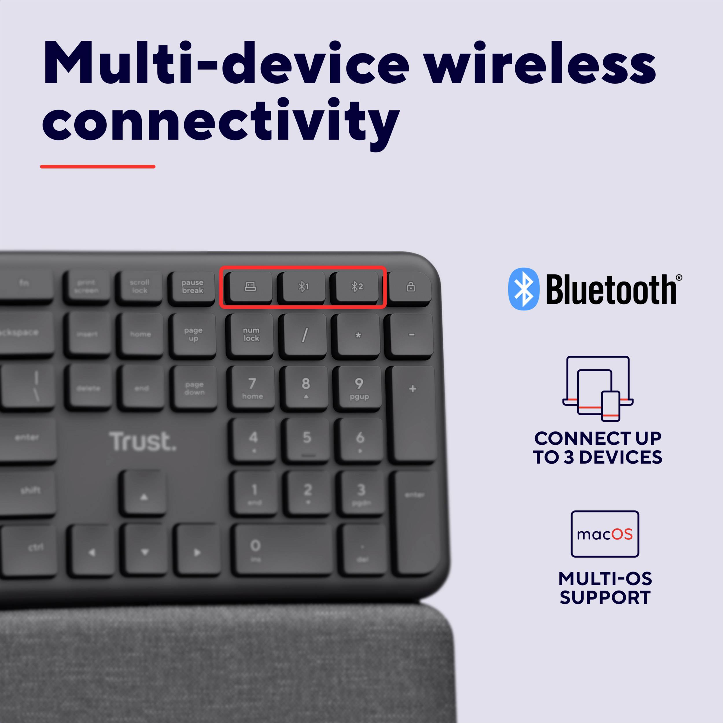 Trust Keyra ERGO Wireless Multi Keyboard DE Bluetooth®, Kabellos Tastatur Ergonomisch Deutsch, QWERTZ Schwarz-3