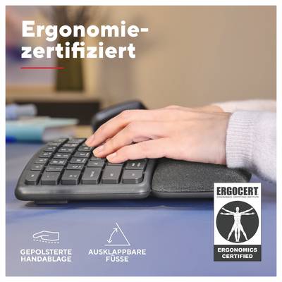 'Eine Person tippt auf einer ergonomischen Tastatur mit gepolsterter Handablage und ausklappbaren Füßen. Text: Ergonomiezertifiziert.'