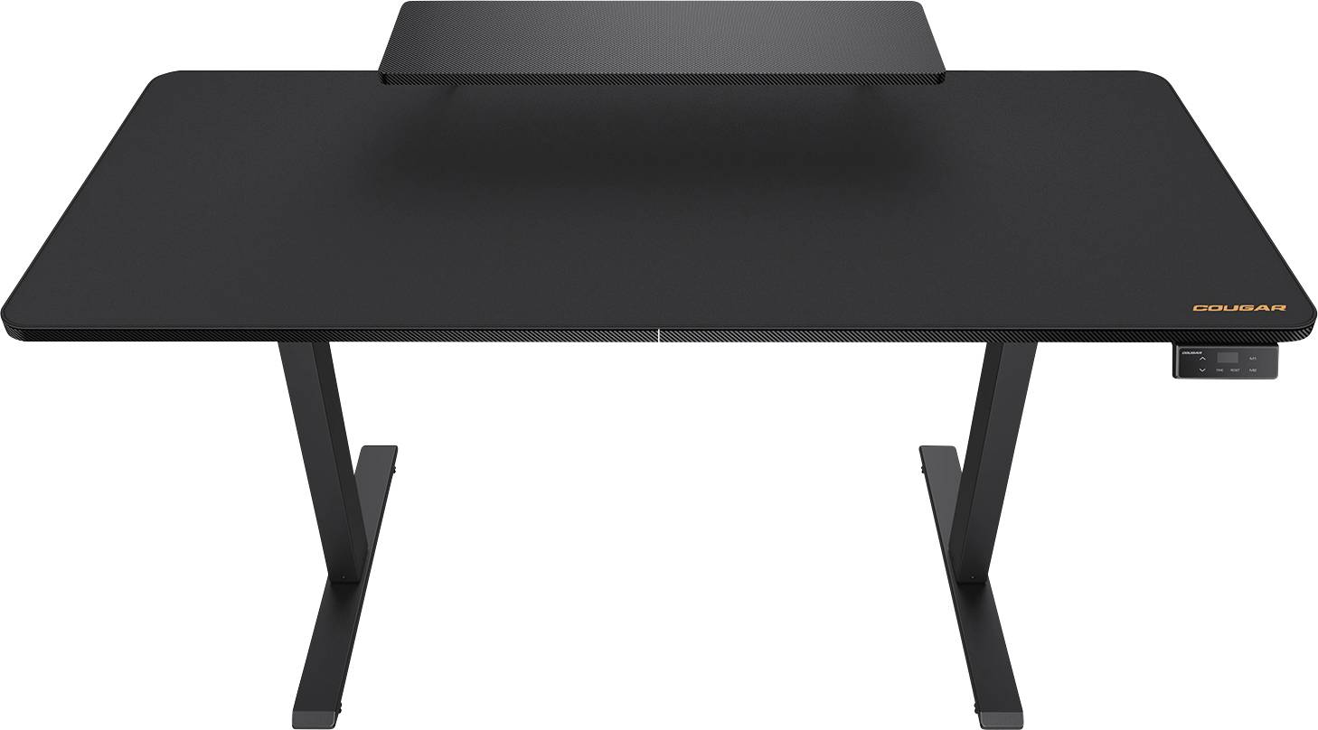 Ein schlanker, schwarzer höhenverstellbarer Stehschreibtisch mit einer erhöhten Monitorablage, digitalem Bedienfeld und dem 'OMNIDESK' Logo in der oberen Ecke.