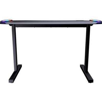 Ein schwarzer Gaming-Schreibtisch mit elegantem Design, ausgestattet mit LED-Beleuchtung an den oberen Ecken.