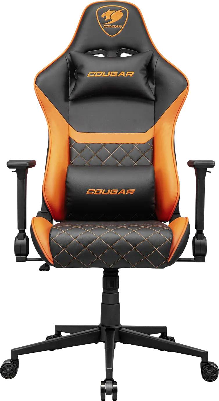 Orange und schwarzer ergonomischer Gaming-Stuhl mit verstellbaren Armlehnen, hoher Rückenlehne und gepolstertem Sitz, versehen mit dem 'Cougar' Logo.