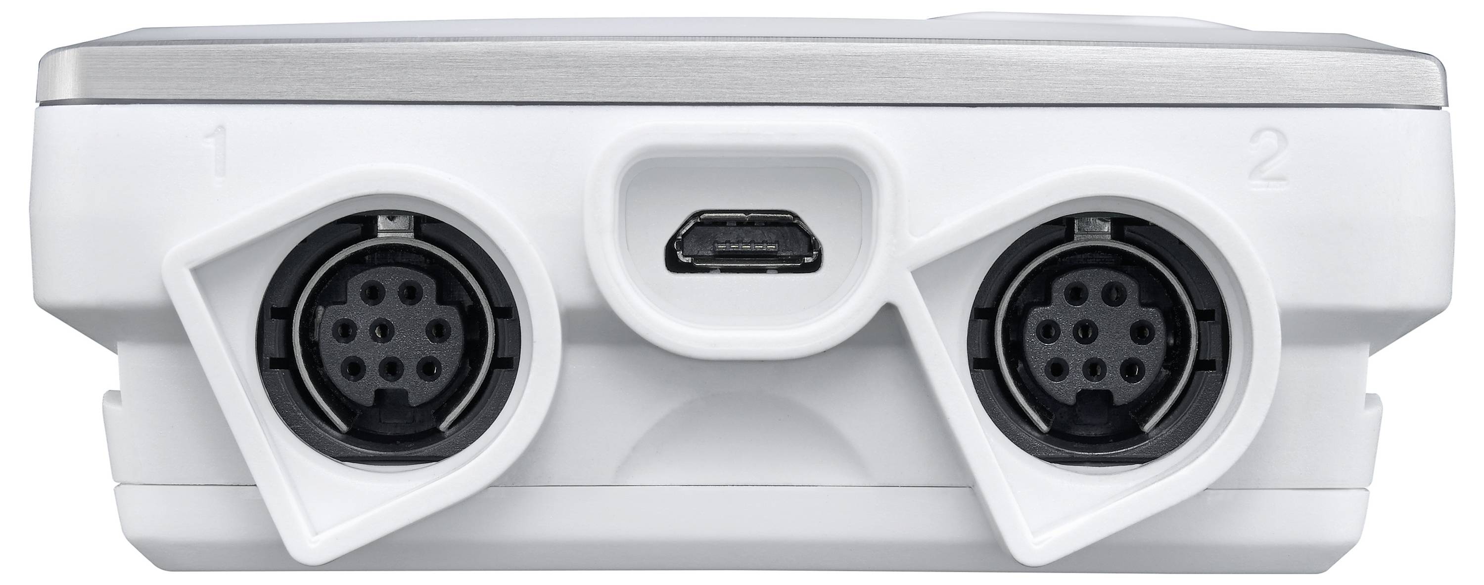 Ein weißes Gerät mit zwei runden Steckbuchsen, beschriftet mit den Nummern 1 und 2, und einem Mikro-USB-Anschluss in der Mitte.