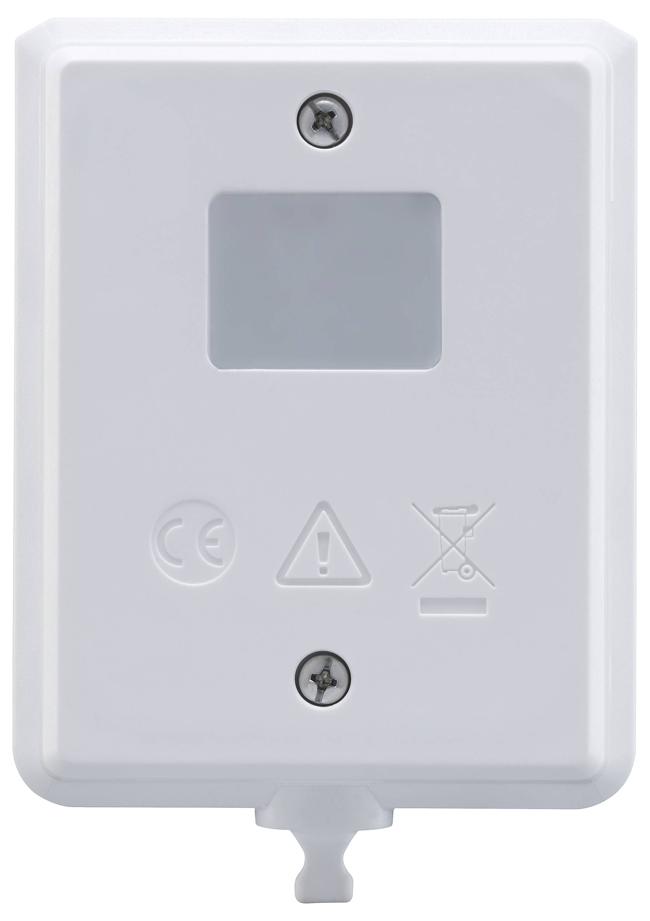 Ein rechteckiger, weißer Elektroanschlusskasten mit drei Symbolen: CE-Zeichen, Warnsymbol und durchgestrichener Mülleimer.