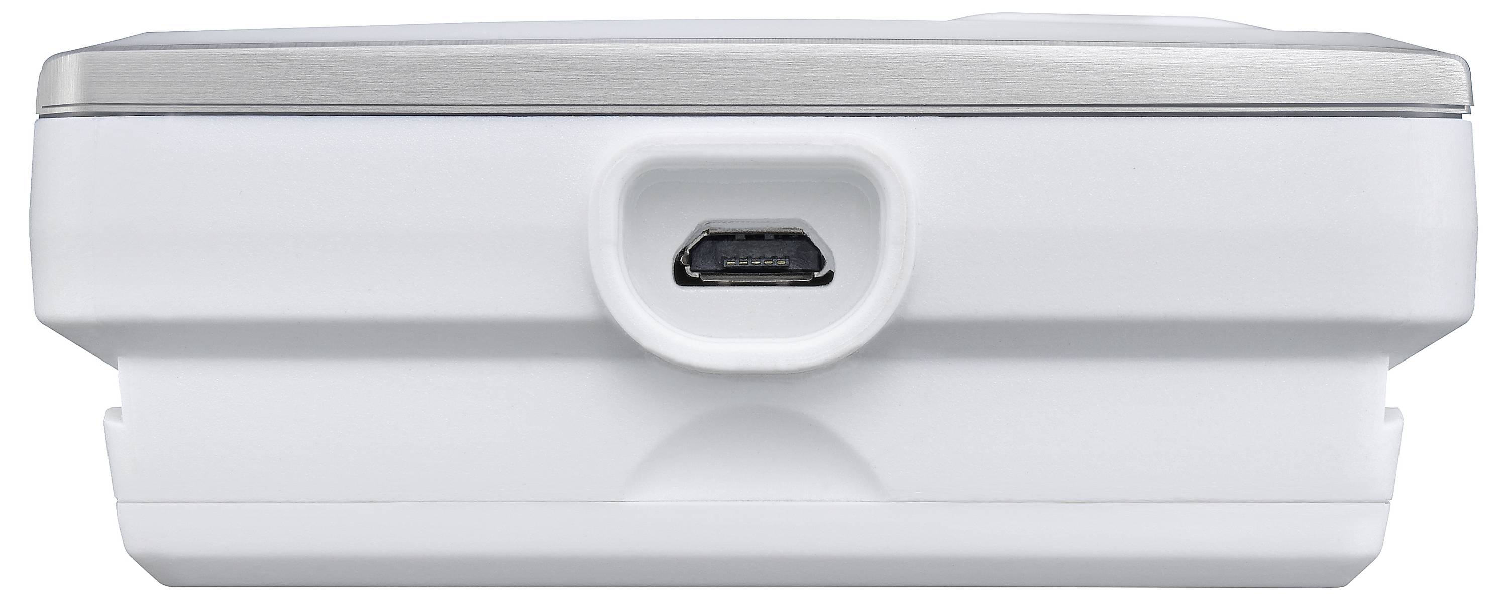 Weißes elektronisches Gerät mit USB-Anschluss auf der Vorderseite, Ansicht von unten.