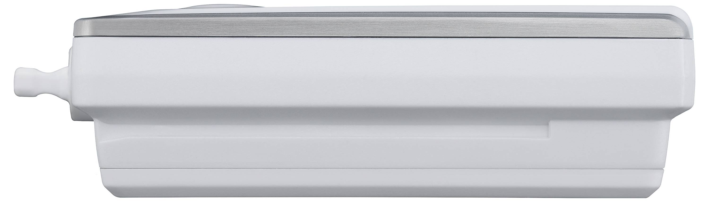 Ein weißes elektronisches Gerät in Seitenansicht; beinhaltet einen metallischen Streifen oben und ein kleines Kunststoffteil an der Vorderseite.