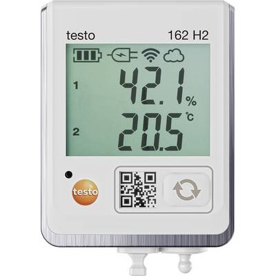 Digitales Gerät zeigt '42,1%' und '20,5°C' auf dem Display. Symbole für Batterie, WLAN und Wetter sind zu sehen. QR-Code befindet sich unten.