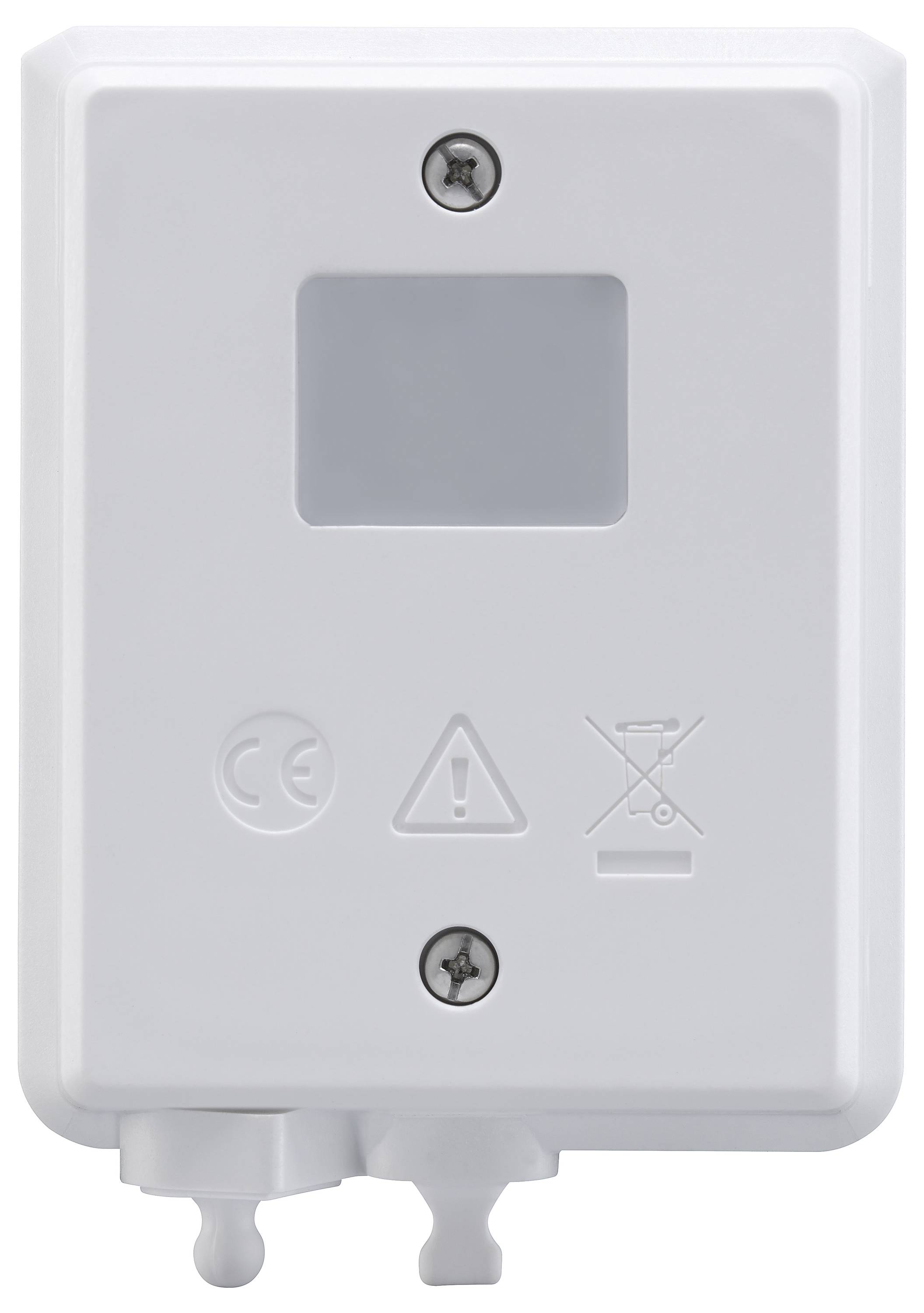 Ein weißes Kunststoffgehäuse mit einem kleinen Display und verschiedenen Symbolen: CE-Zeichen, Warnsymbol und durchgestrichener Mülltonne.
