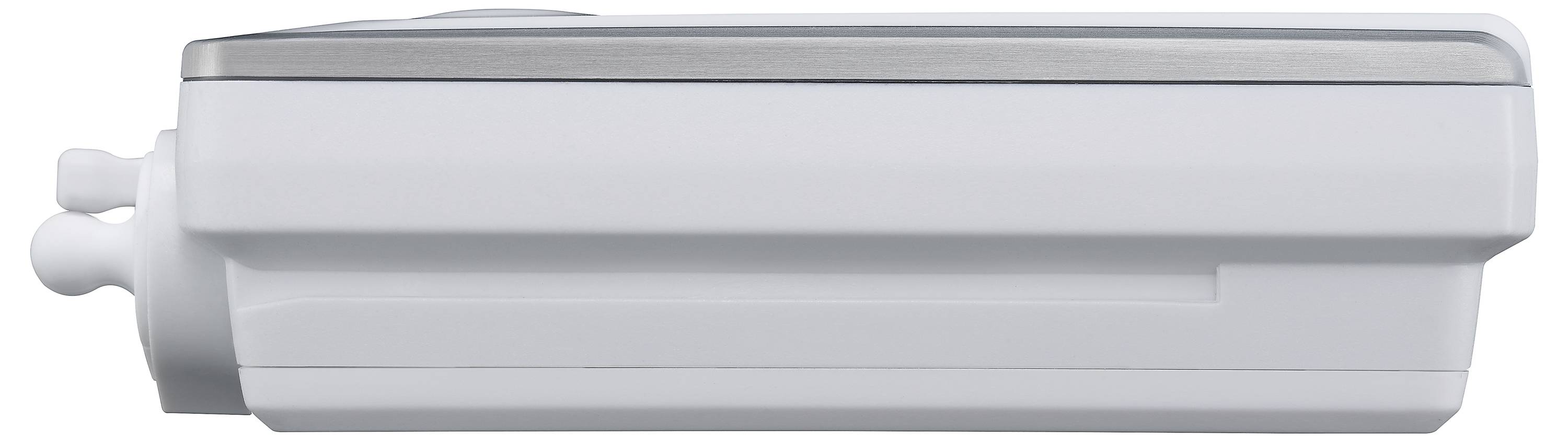 Ein weißes, rechteckiges medizinisches Gerät mit abgerundeten Ecken und Metallleiste an der Oberseite, Ansicht von der Seite.