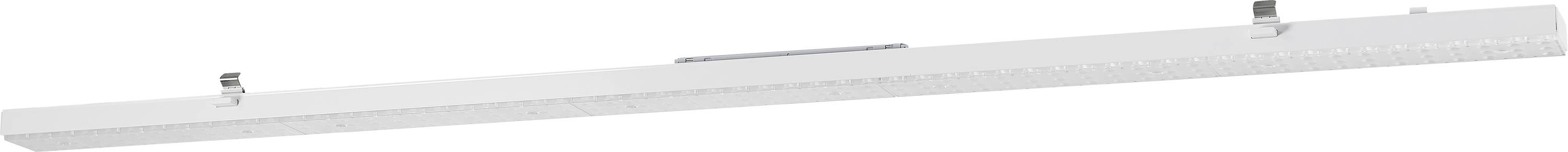 Eine längliche LED-Leuchte in Weiß hängt an einer Decke, geeignet für den Einsatz in industriellen oder gewerblichen Umgebungen.