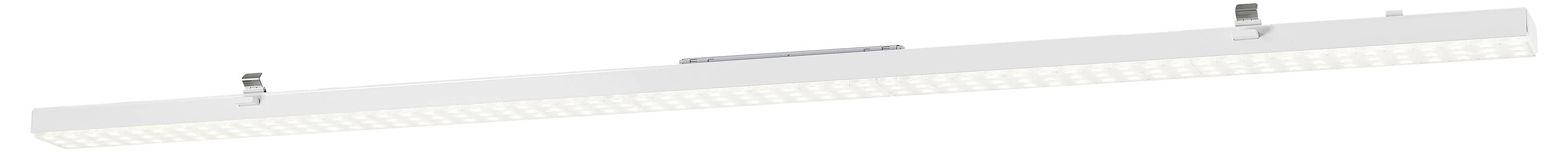 Langes, rechteckiges LED-Licht mit weißen Halterungen zur Deckenmontage, geeignet für Büro- oder Industriebeleuchtung.