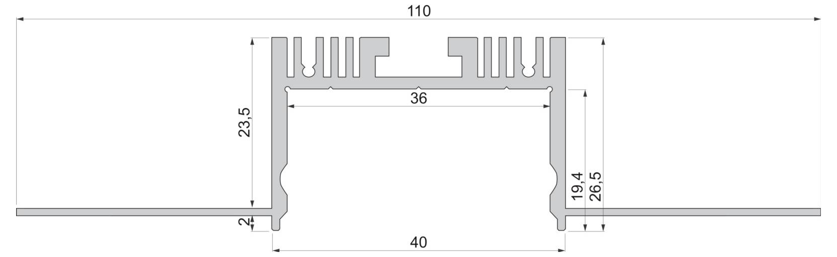 Technische Querschnittszeichnung eines Kühlkörperprofils aus Aluminium mit Abmessungen von 40 mm Breite und 23,5 mm Höhe, mit seitlichen Lamellen und Montagesockel.